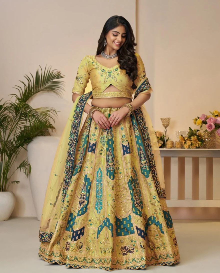 492yellow - Rajsi Haathi Collection: Yellow Banarsi Bridal Lehenga